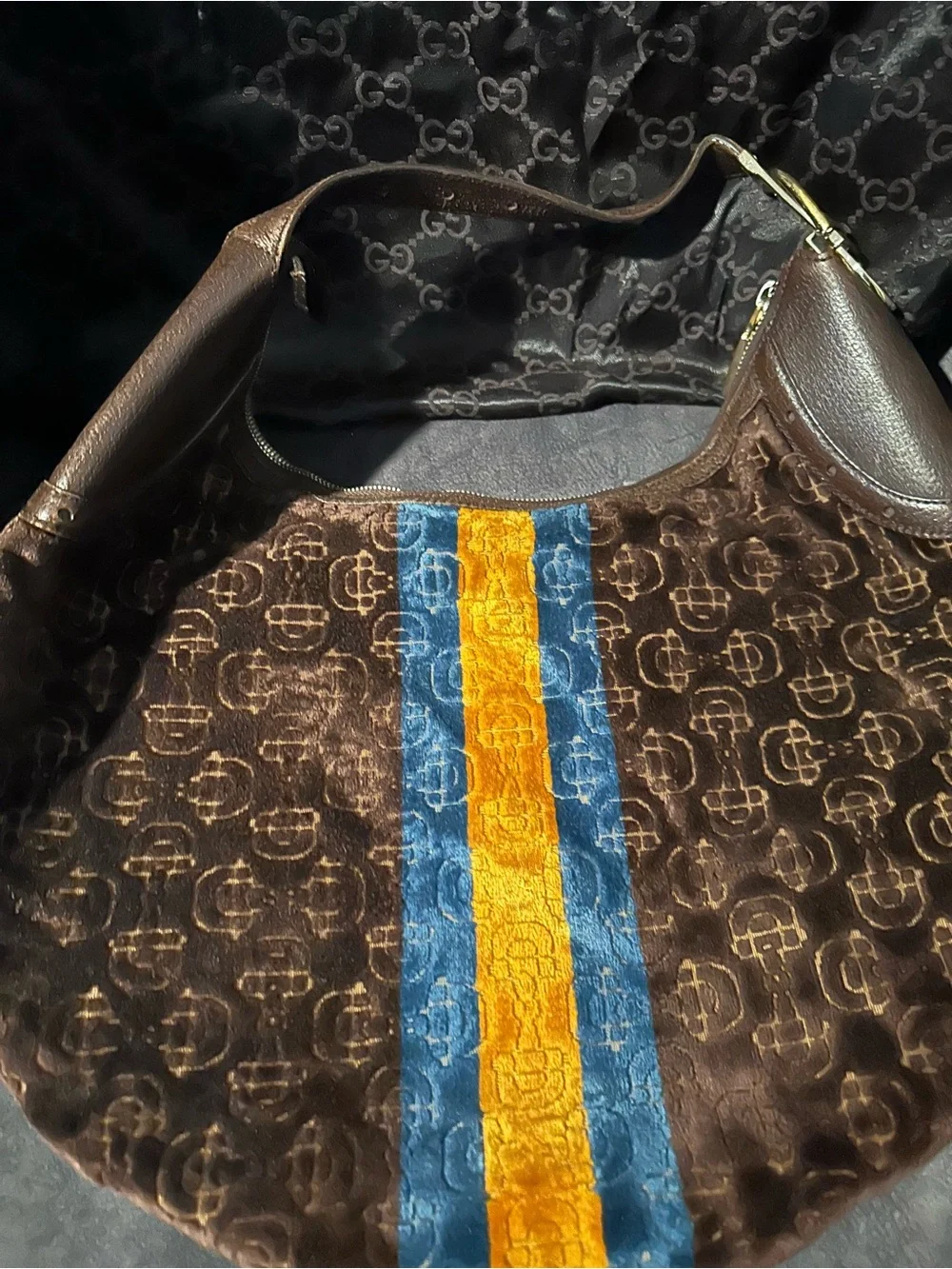 Gucci Brown Velvet Hobo with Blue and Gold Center Stripes